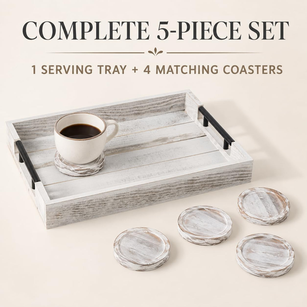 Whitewashed Wooden Serving Tray with Black Metal Handles and 4 Coasters, 16.1 x 11.8 Inch Rustic Farmhouse Ottoman Tray for Coffee Table, Living Room, Breakfast and Home Decor