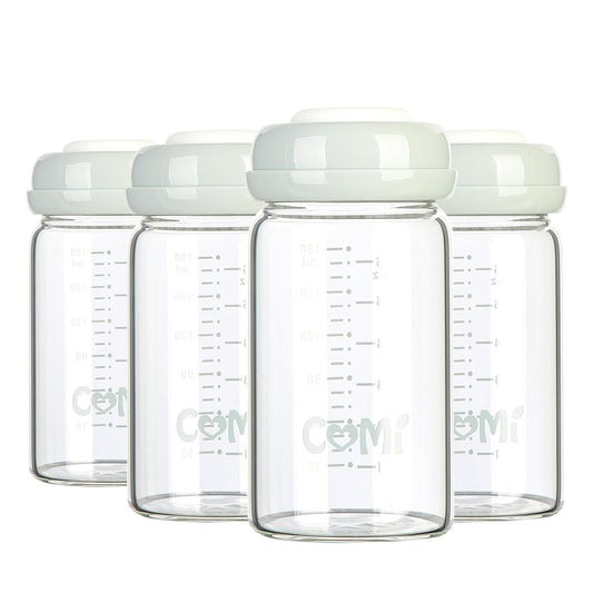 COMI Wide Neck Glass Breastmilk Collection n Storage Bottle, 4 Packs, 6oz with Screw Ring Sealing Disk; Re-markable Sealing