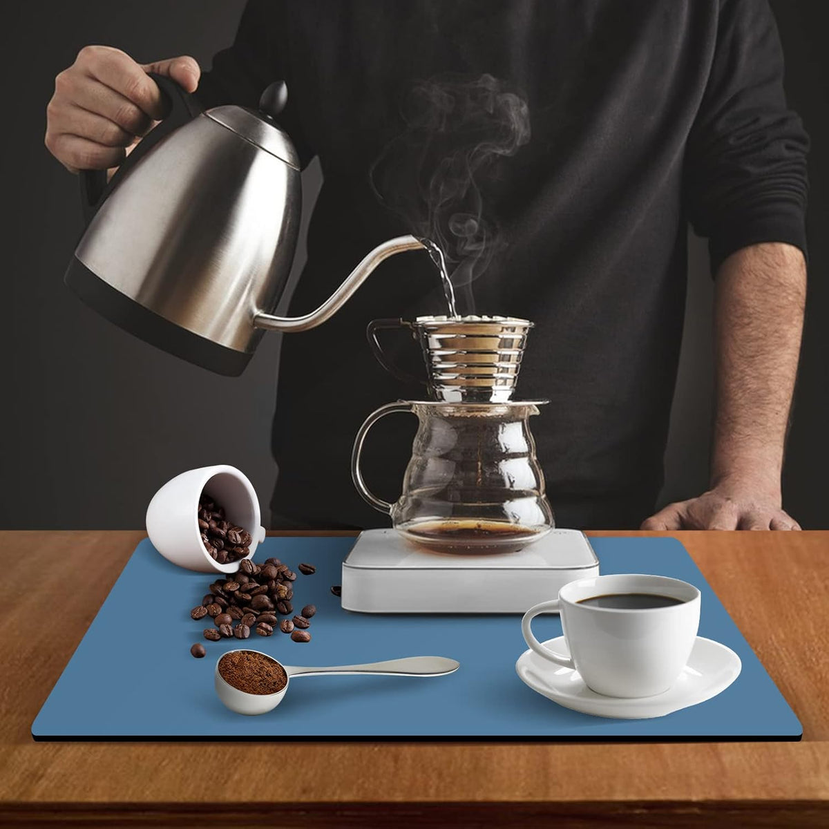 ZLR Coffee Mat - 16" x 20" Large Kitchen Hide Stain Absorbent Dish Drying Mat for Countertop - Easy to Clean Coffee Bar Mat for Espresso Machine and Spill Protection - Navy Blue