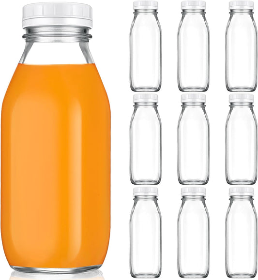 Suclain 10 Pcs 16 oz Glass Juice Bottle with Lids, Clear Reusable Milk Container for Refrigerator, Airtight Heavy Duty