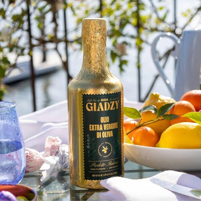 Giadzy by Giada de Laurentiis 2 Pack Olive Oil Extra Virgin - Premium Unfiltered Cold-Pressed Italian Olive Oil, Gold Wrap, Made in Italy, Perfect for Cooking & Gifting. Rich in polyphenols & antioxidants.