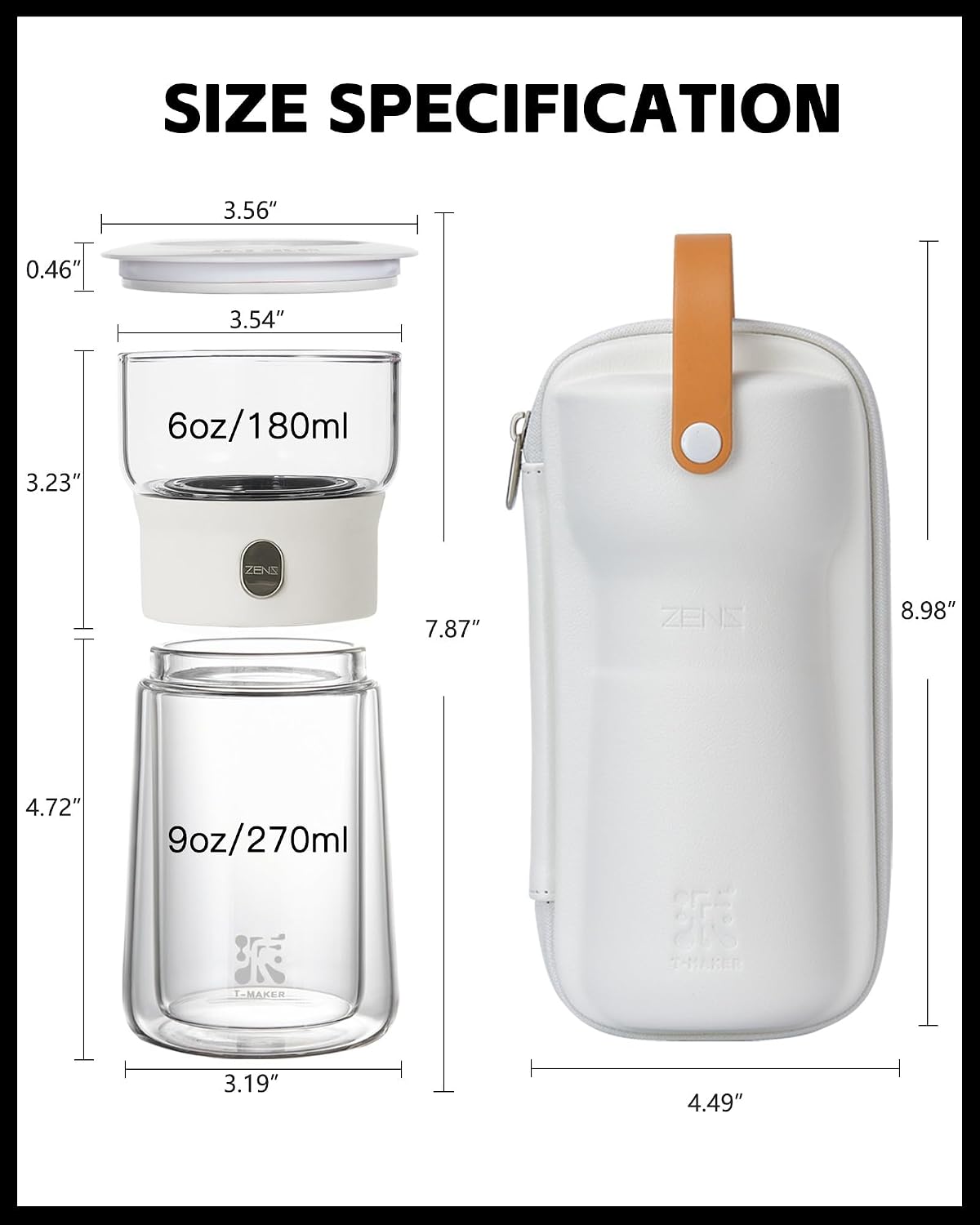 ZENS Modern Glass Infuser Pot, One Touch Tea Maker for Loose Leaf Tea | Glass Teapot with Infuser, Magic Tea Infuser with 6.7oz Insulated Mug and Portable Case for Tea Lovers Gifts