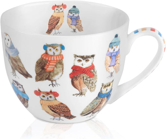 Cute Owl Coffee Mug, 20 oz Premium Bone China Mug with Charming Owls in Color Scarves and Hats—Cozy, Wise, and Perfect for