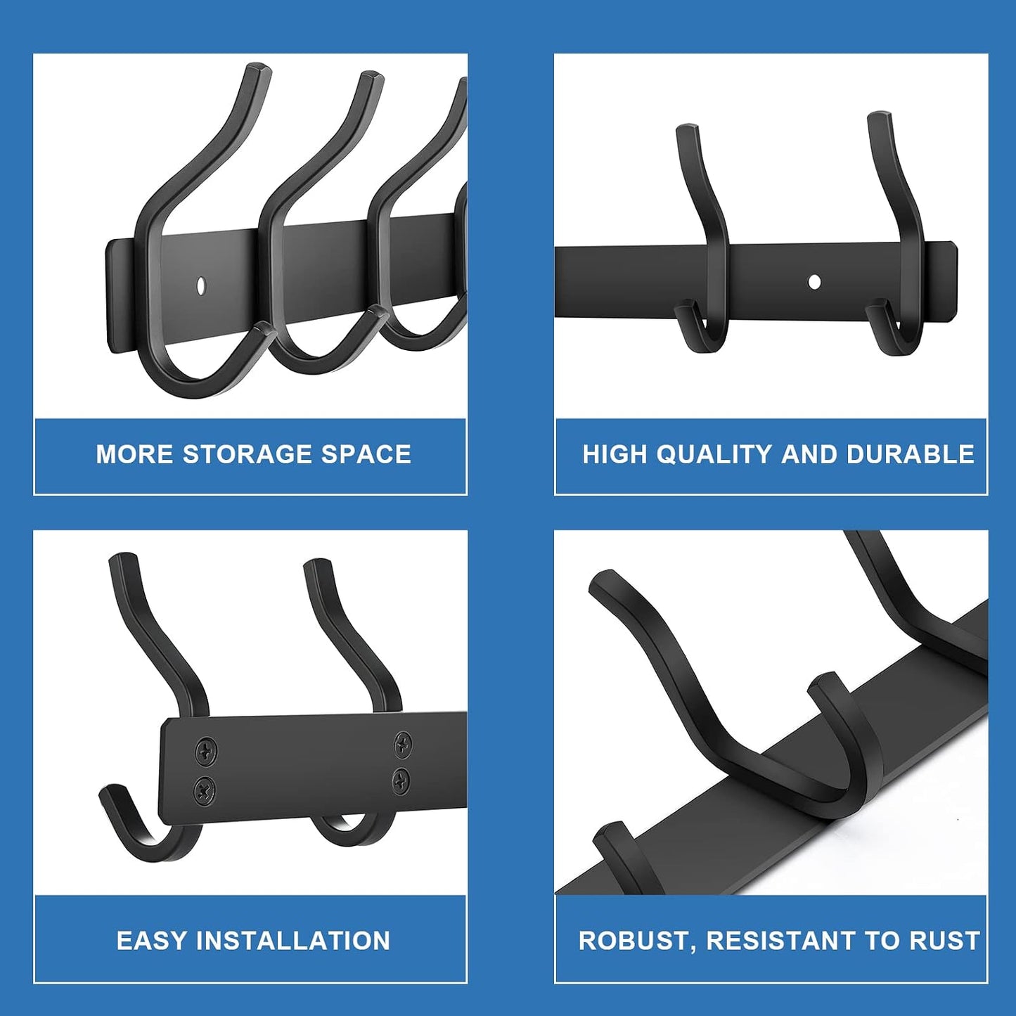 2 Pack Coat Rack Wall Mount, 12 Inch Wall Hooks with 4 Hooks, Black