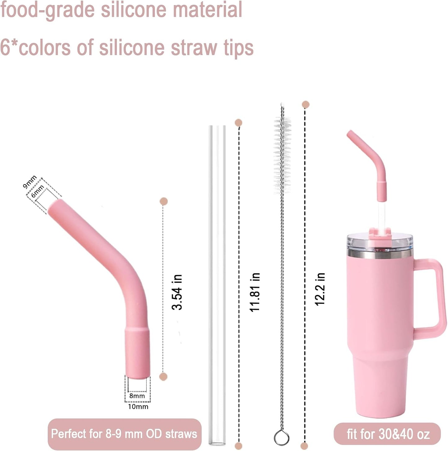 6 Pcs Reusable Color Silicone Straw Tips with Drinking Long Straws Compatible with Stanley 40/30 oz Cup Tumbler, 6 Flex Elbow Silicone Straw Covers for 8-10mm Diameter Straws, 1 Straw Cleaning Brush