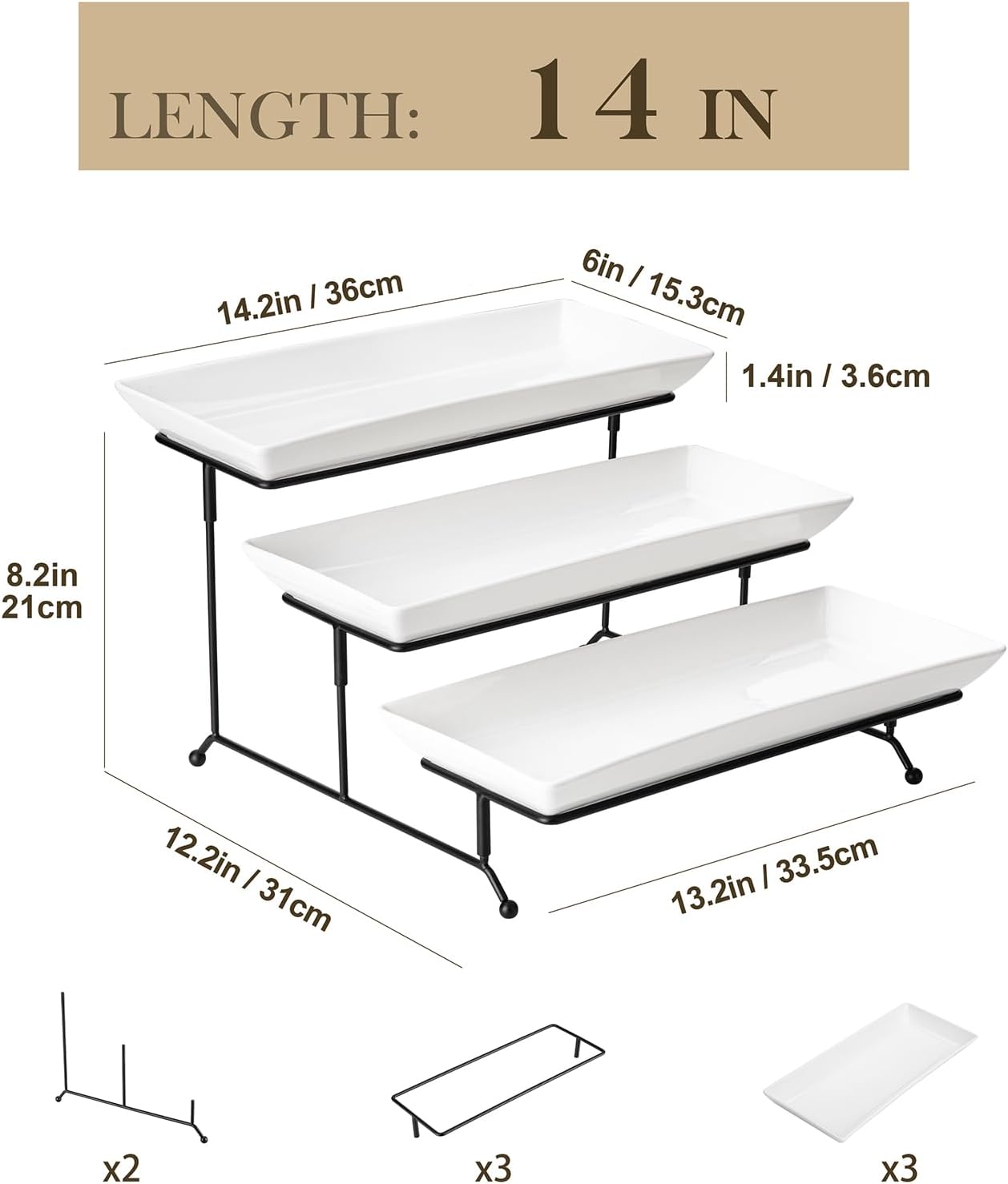 MALACASA 3 Tier Serving Trays, White Porcelain Serving Platters, 14 Inch | Tiered Cupcake Stand for Party, Fruit Tray, Trays for Serving Food, Dessert Stand with Collapsible Sturdier Metal Rack