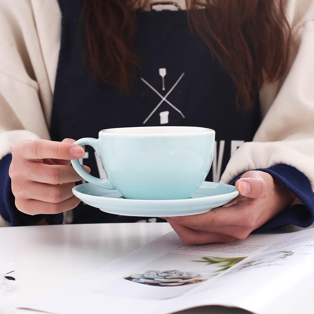 Coffeezone Cappuccino Barista Latte Art Cup and Saucer New Bone China for Coffee Shop (Glossy Light Blue