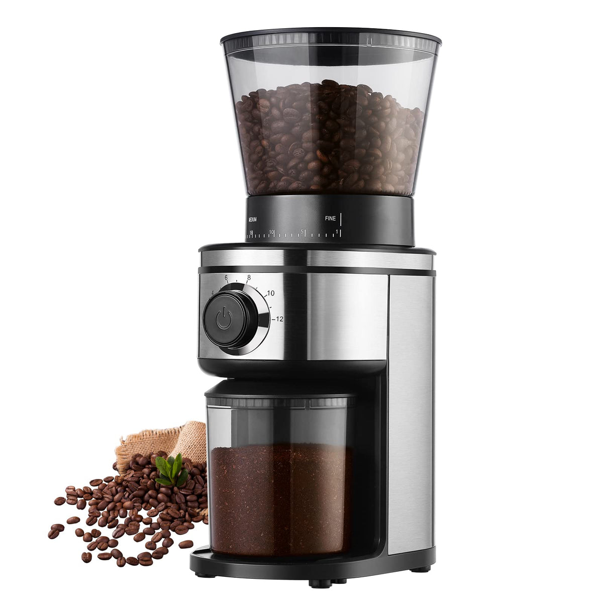 Ollygrin Burr Coffee Grinder, Electric Conical Coffee Bean Grinder With 30 Adjustable Grind Settings For 2-12 Cups, Sliv