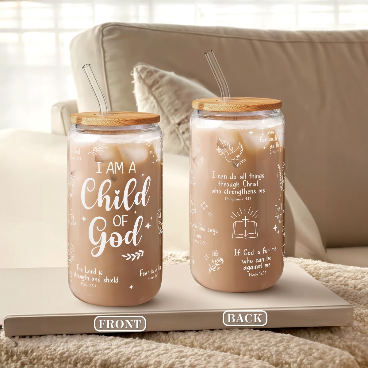 SANDJEST Christian Glass Can, I am Child of God Cup with Lid &amp; Straw, Iced Coffee Aesthetic Cups, Idea Gift for Christmas Birthday, Gifts for Women, 16oz