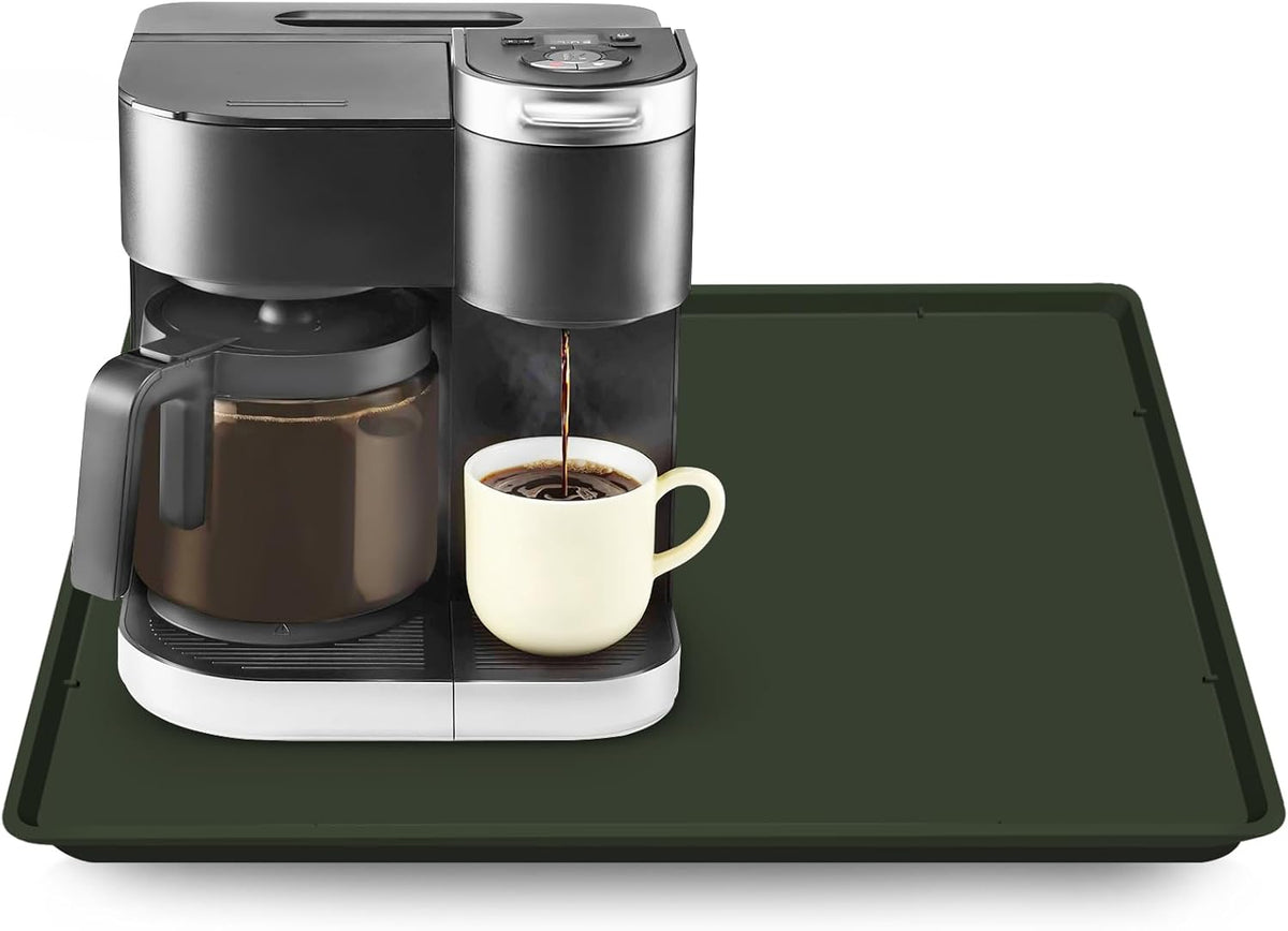 Silicone Coffee Maker Mat with Lip, 19.7'' x 15'' Heavy Duty Coffee Maker Mat for Countertops, Coffee Tray Fit Under Coffee Machine Appliance Automatic Machines Espresso Accessory, Dark Olive Green