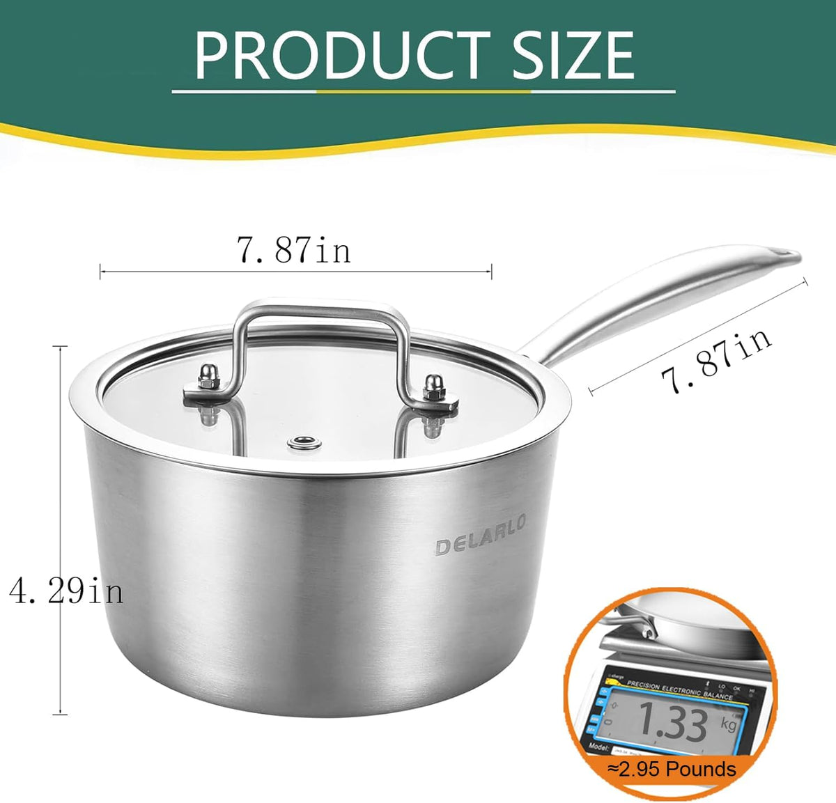 DELARLO Whole Body Tri-Ply Stainless Steel 3 Quart Saucepan with Lid, Oven Safe 600℉, Heavy Duty Saucier Pan 3 Quart, Fast and Even Heat, Kitchen and Dining Sauce Pot, Induction Pot(Lids 300℉)