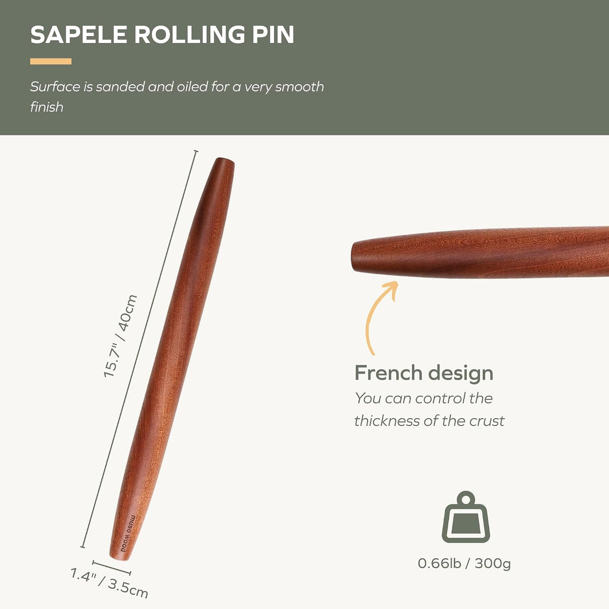 muso wood Sapele French Rolling Pin for Baking | Tapered Design, 15.75 inch, Ideal for Fondant, Pie Crust, Cookies &amp; Pastry Making