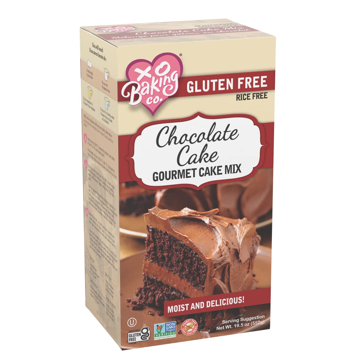 XO Baking Co. Gluten Free Chocolate Cake Gourmet Cake Mix; Non-GMO; Kosher; Rice Free; Soy Free; Dairy Free; Peanut Free; No Preservatives; No Artificial Flavors or Colors, 19.5oz