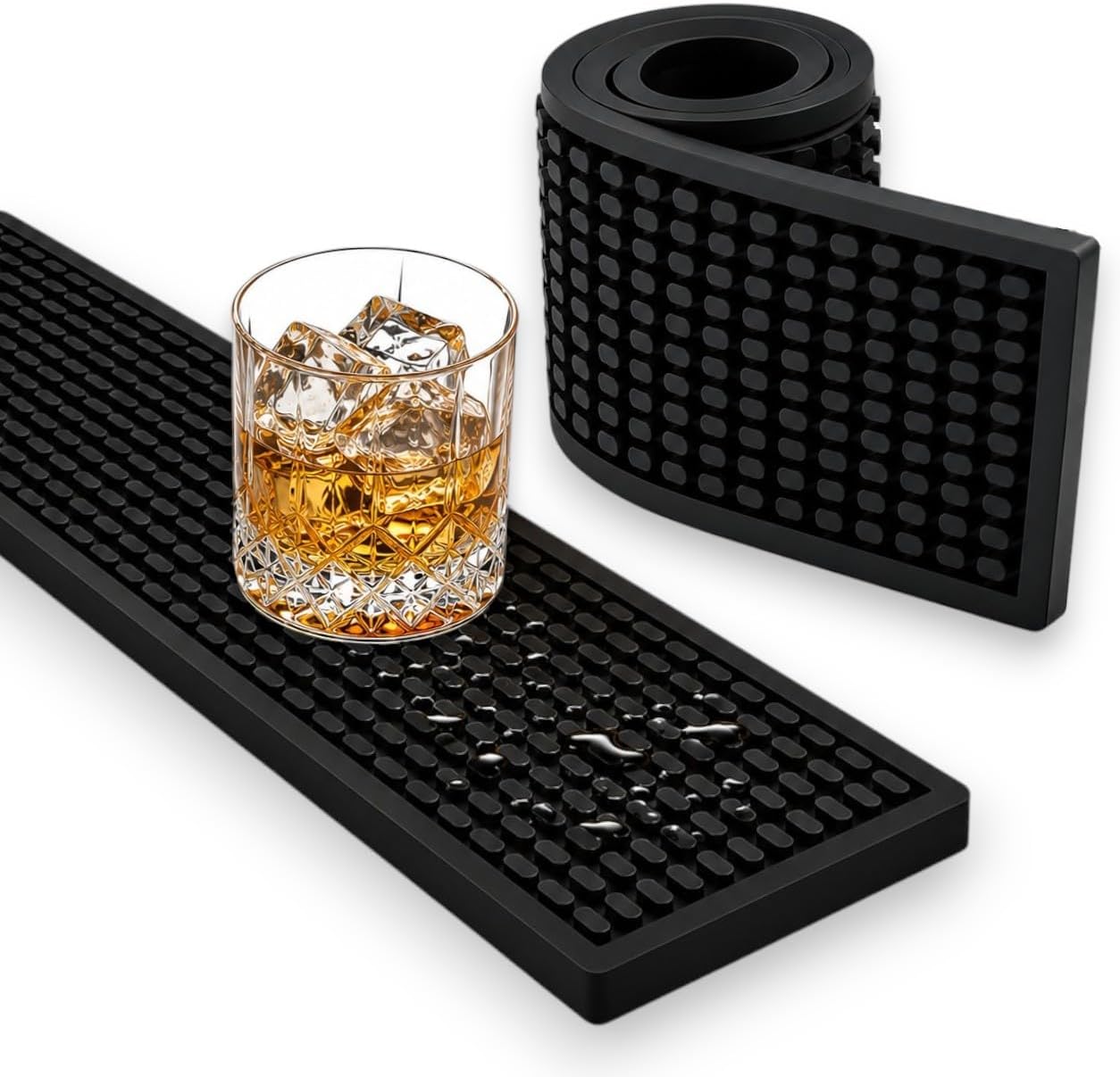 Rubber Bar Mat – Non-Slip Spill &amp; Drip Mat for Bartending, Coffee Bar &amp; Kitchen Countertop, Thick Durable Counter Protector &amp; Stylish Drying Mat (Total Black, 23.6" x 3.1")