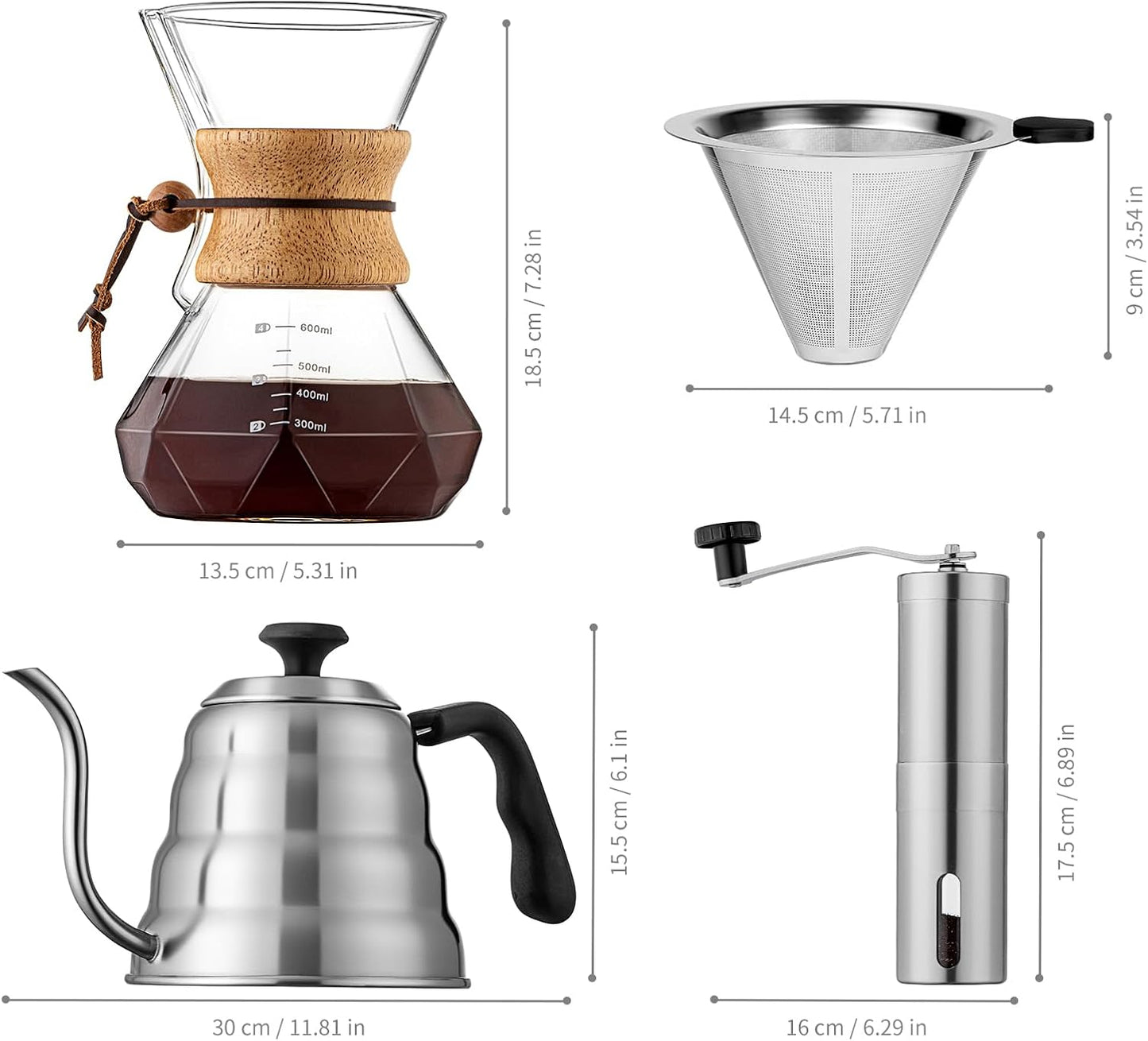 Pour Over Coffee Maker Set – 40oz Gooseneck Kettle with Thermometer, Coffee Grinder &amp; 20oz Drip Coffee Maker – Stainless Steel Pour Over Coffee Set