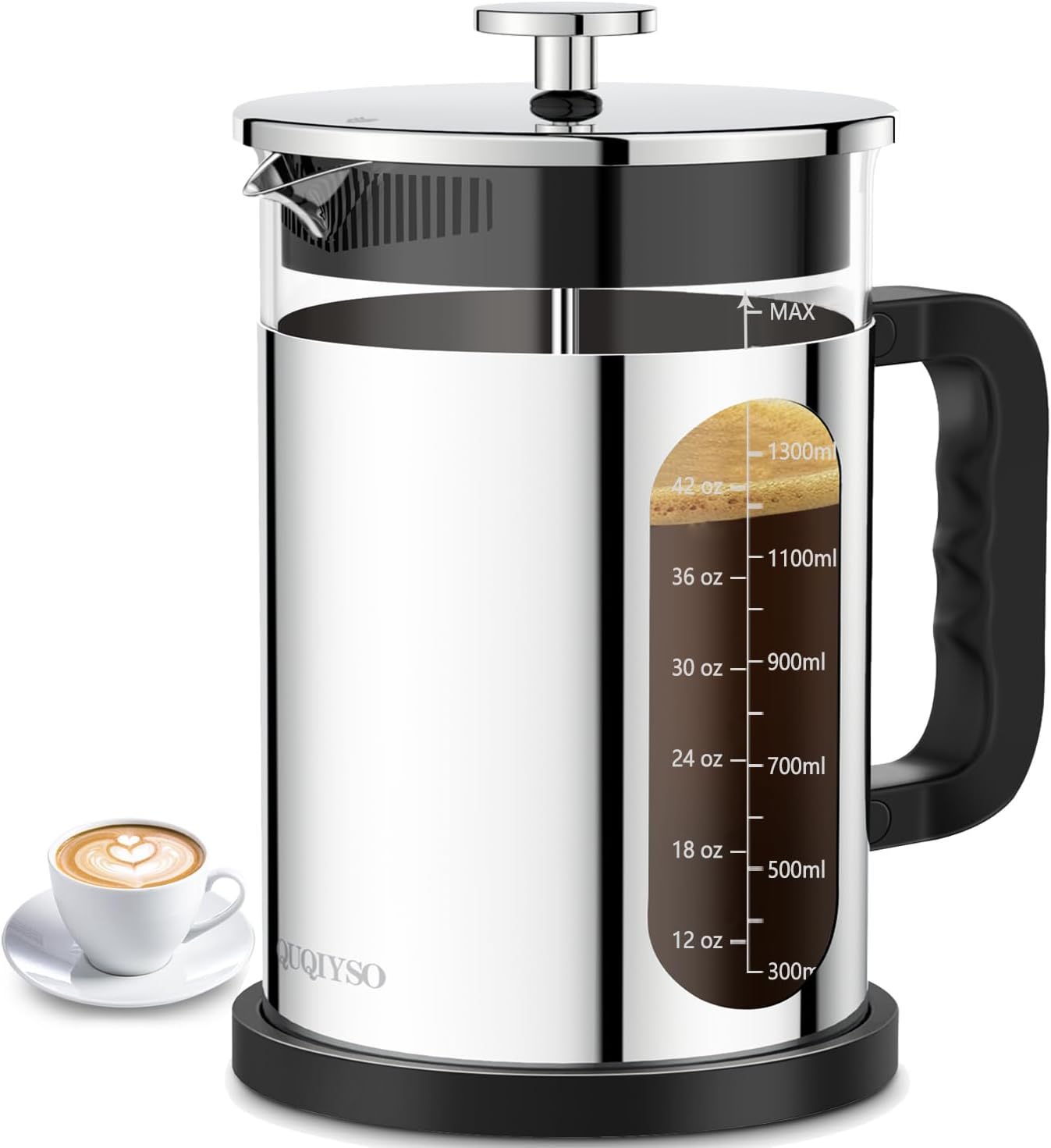 QUQIYSO French Press Coffee Maker 51oz 304 Stainless Steel French Press with 4 Filter, Borosilicate 
