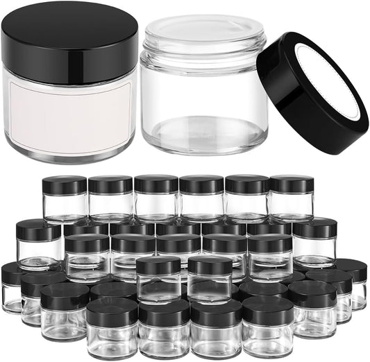 2 oz Small Glass Containers With Lids, Bumobum 48 Pack Clear Cream Jars with Lids, White Labels & Inner Liners, Empty Round