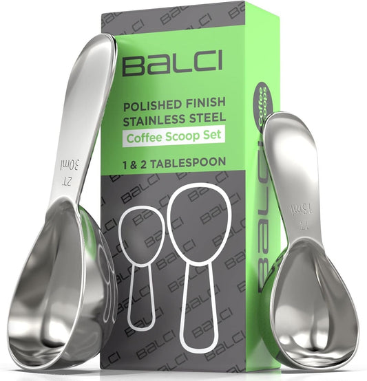 BALCI - Stainless Steel Coffee Scoop Set (1&2 Tablespoon, 15ml and 30ml) Exact Measuring Spoons for Coffee, Tea, Sugar,