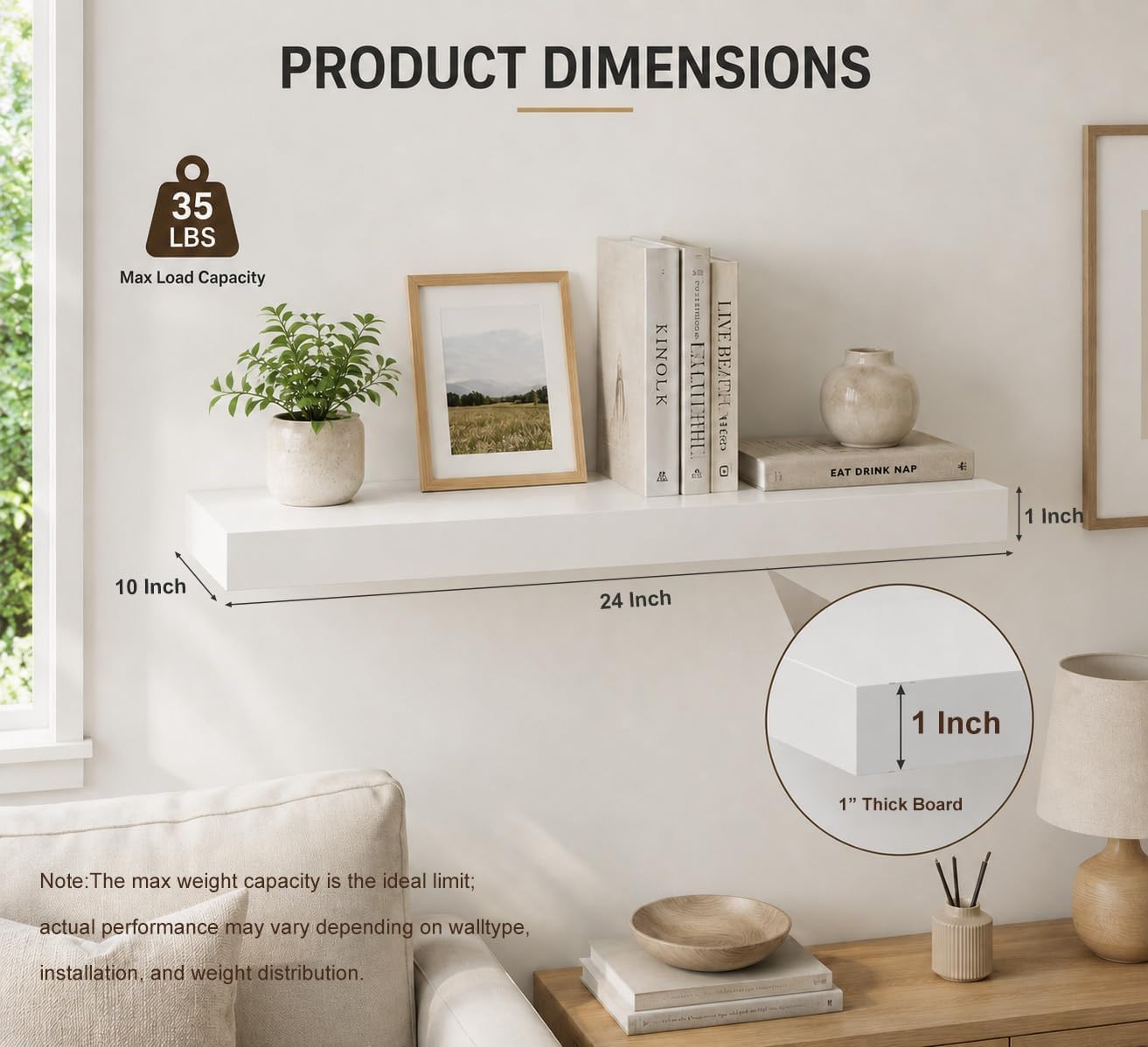 Floating Shelf, Set of 2 Wall Shelf, 24 in W x 10 in D x 1 in H Wooden Floating Wall Shelf with Invisible Brackets for Living Room/Bedroom/Bathroom/Kitchen Storage and Decor, White