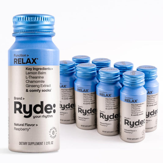Ryde: Relax Shot | Raspberry Flavor | Lemon Balm, L-Theanine, Ginseng & Chamomile | 0 Calories, 0 Sugar | 2 FL OZ Shots |