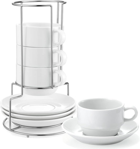 Yedio Porcelain 8 oz Coffee Cups with Saucers and Metal Stand, Porcelain Stackable Cappuccino Cups with Metal Stand, White,