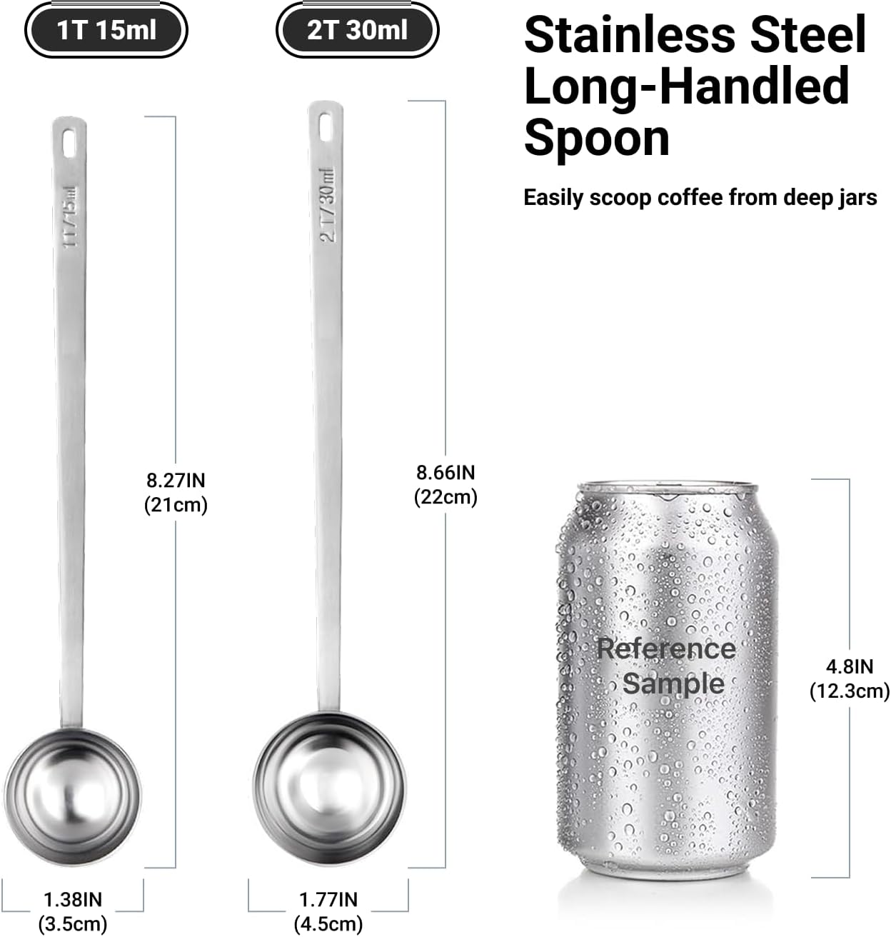 2PCS Coffee Scoop for Ground Coffee Stainless Steel Measuring Spoons Long Handle 30ml 8.66in and 15ml 8.27in Set for Deep Jars Beans Protein Powder Flour