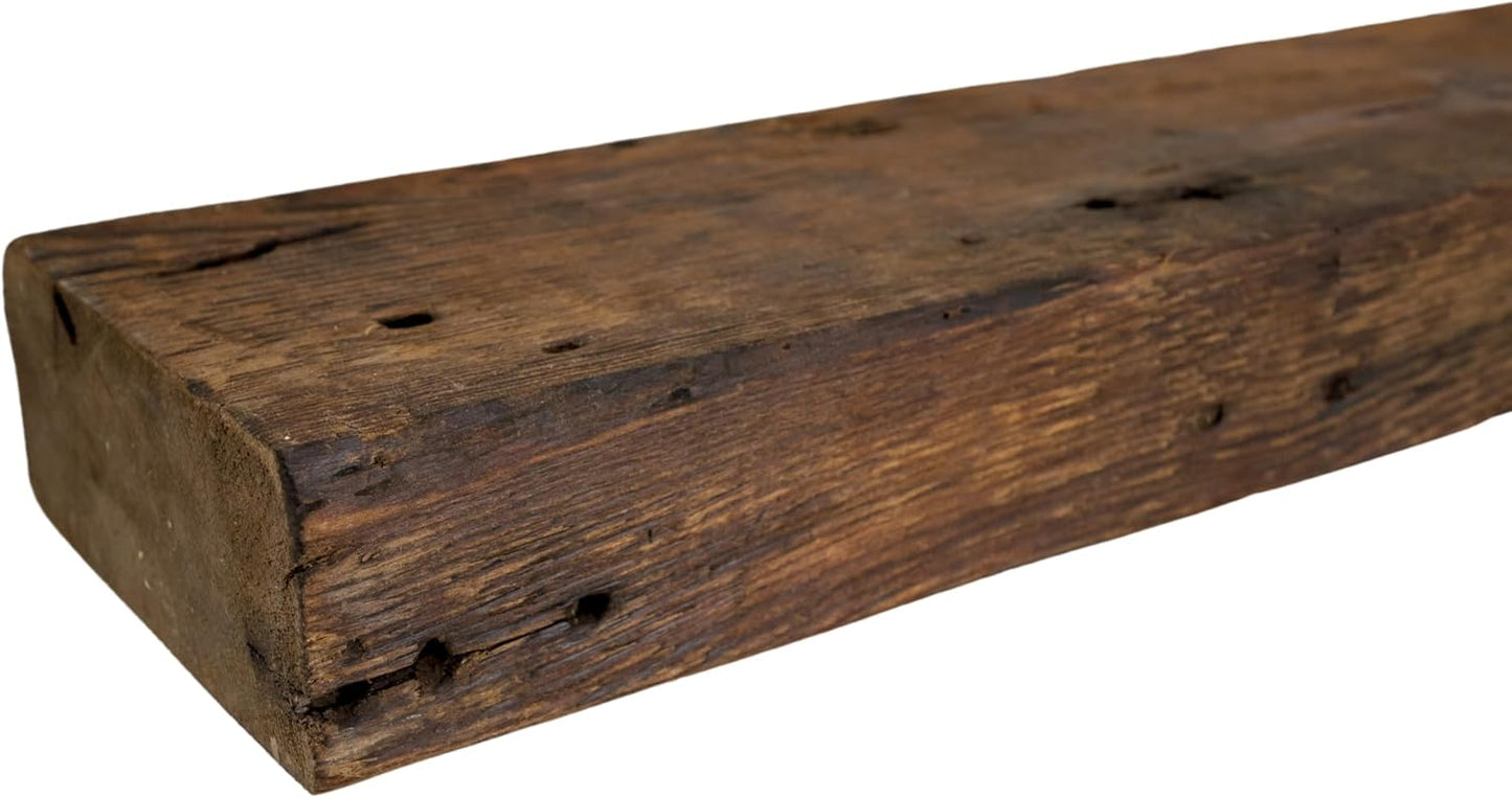 Modern Timber Craft Reclaimed Wood Fireplace Mantel Shelf | Solid Rustic American Barnwood with Floating Shelf Brackets | 2.75" Thickness | 66" L x 10" D, Rustic Original - Oiled
