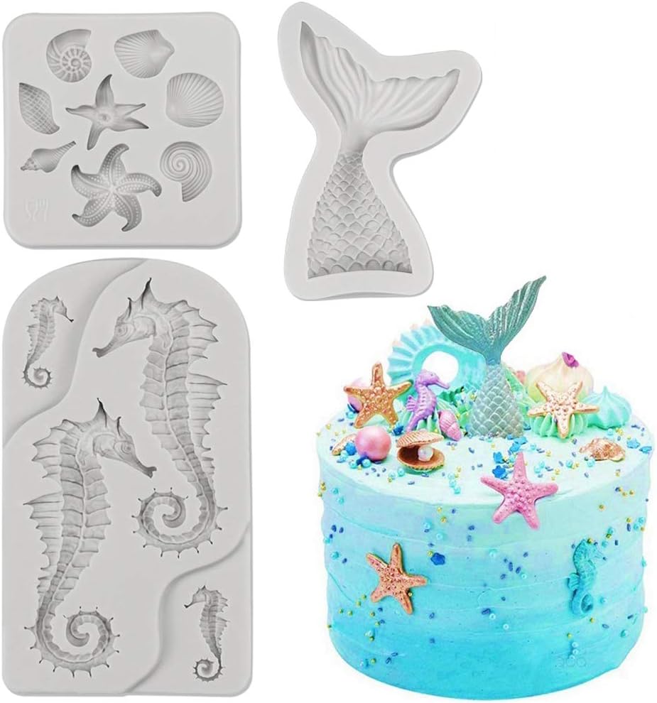SAKOLLA Mermaid Theme Cake Fondant Mold - Seahorse Seashell Starfish Mermaid Tail Silicone Mold for Cake Decoration