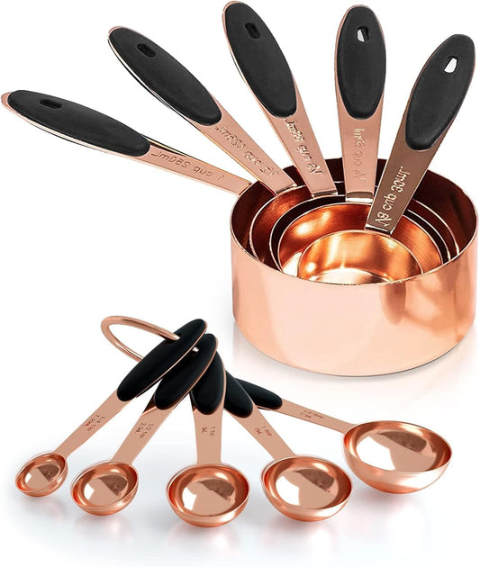 Joyhill Copper Measuring Cups and Spoons Set of 10 Piece, Stainless Steel Nesting Measuring Cup Set with Soft Touch Silicone