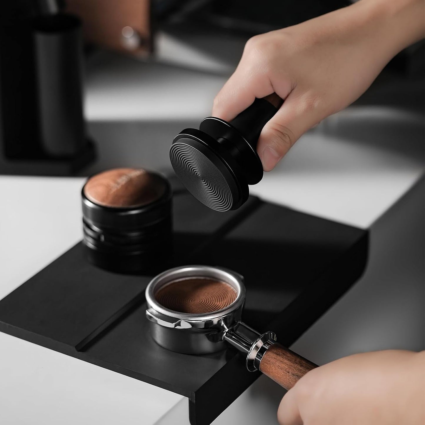 MHW-3BOMBER 53.35mm Espresso Coffee Tamper with Three Spring Loaded Calibrated Espresso Tamper 30lbs 54mm Espresso Hand Tamper with Sound Feedback Titanium Coating Black T6177T-OS