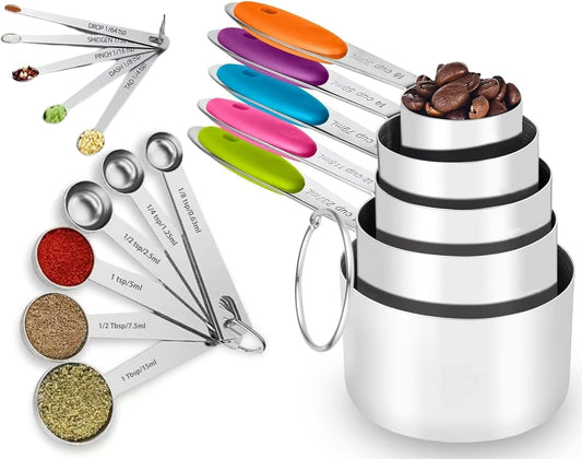 Stainless Steel Measuring Cups and Spoons Set of 16, 5 Measuring Cups with Colored Silicone Handles, 6 Nesting Spoons, 5