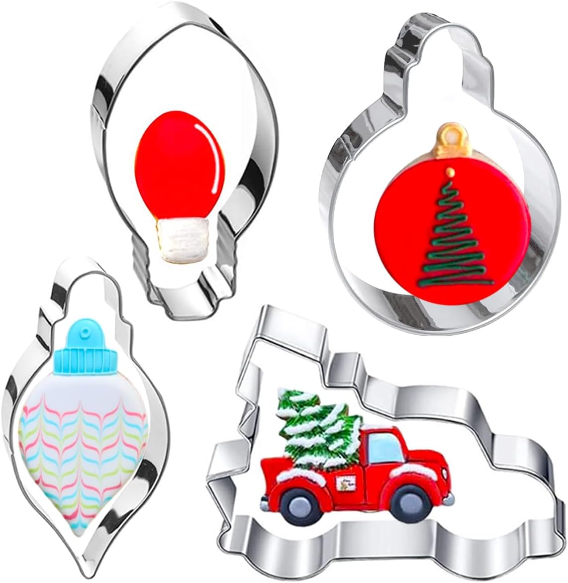 Christmas Ornament Cookie Cutters 4Pcs for Baking Decorating | Large Christmas Tree Car Light Ornament Shapes Cookie Cutters, Metal Dough Fondant Biscuit Molds for Home Kitchen