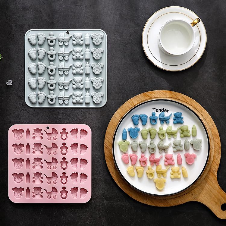 Baby Chocolate Mold Set Silicone Baking Molds with Footprint, Stroller, Reusable for Newborn Cakes, Diaper Party Treats Baby Favors - 2 Pack