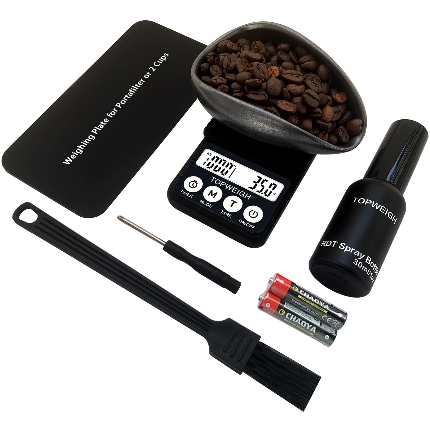 Waterproof Espresso Scale Kit, 1000g x 0.1g, Portafilter Weighing Plate, Coffee Bean Dosing Cup, Spray Bottle, RDT Tool Set, Barista Cleaning Brushes &amp; Batteries Included