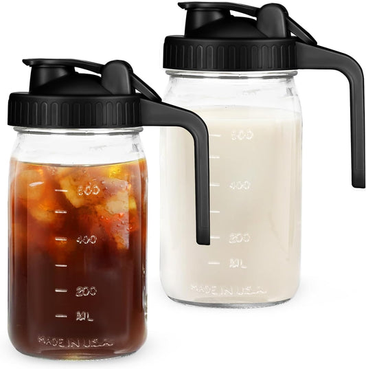 32oz Mason Jar with Lid - 2Pack No Leak Airtight Mason Jar with Pour Spout Lid Perfect for Fridge, Wide Mouth Easy to Clean,