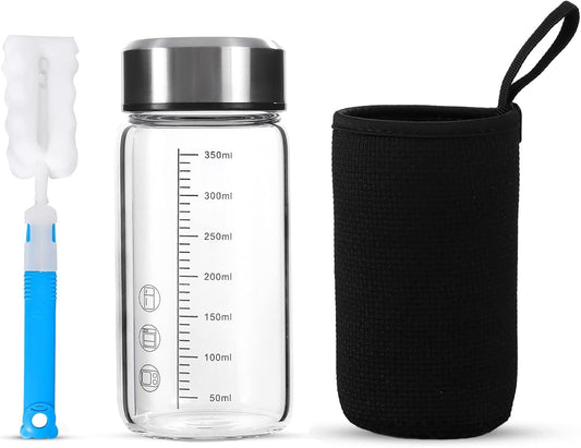 12Oz Small Glass Water Bottle with Lid and Sleeve,0.15in/3.8mm Thick Shaker Bottles for Protein Mixes,Juicing,Smoothies, Infused Water,Beverage,Reusable Small Glass Bottle