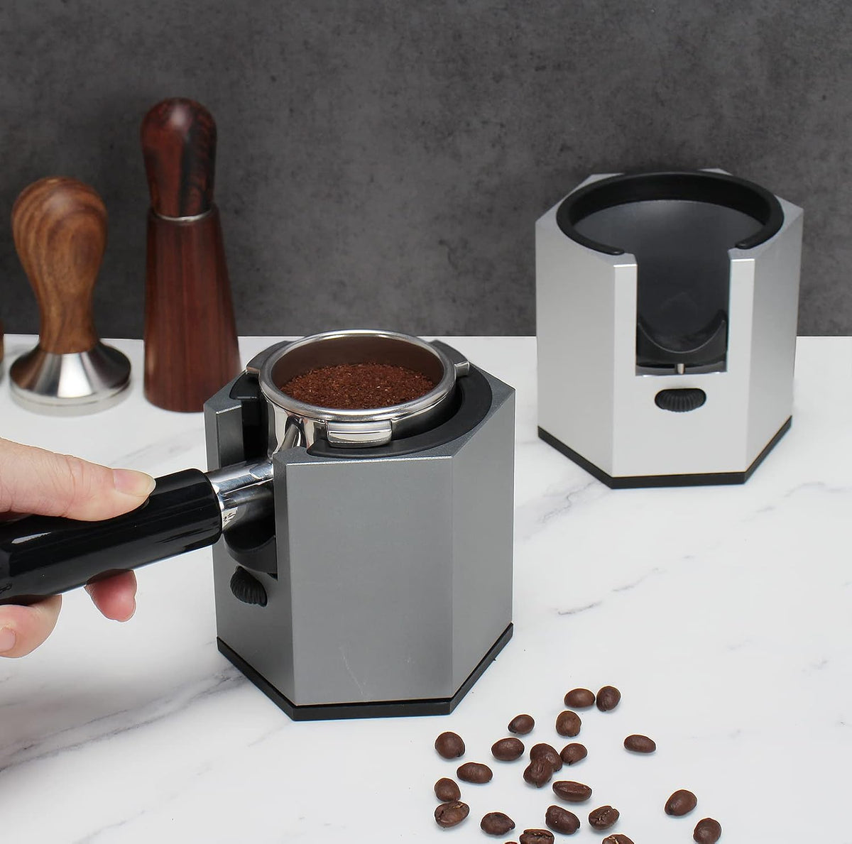 DIBTSA Coffee Portafilter Holder,Espresso Tamping Station Aluminum Alloy Espresso Portafilter Stand for Most 51mm, 53mm, 54mm, 58mm Coffee Portafilter (Hexagon,Grey)