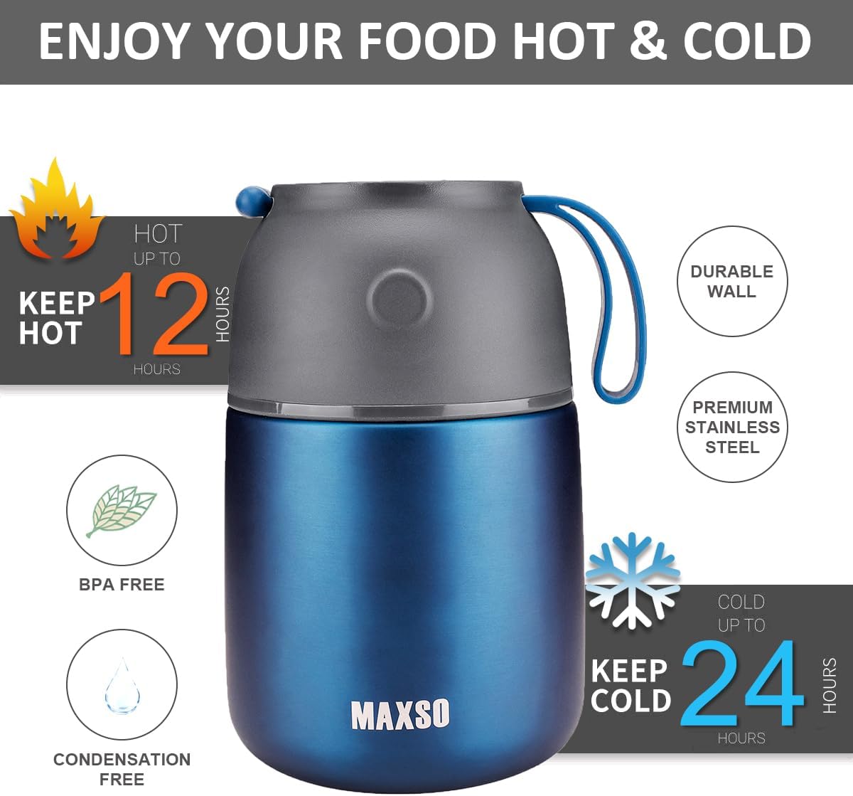 Insulated Thermo Food Jar for Hot &amp; Cold Food for Kids Adult, 17&amp;24 oz Soup Thermal Hot Food Containers for Lunch, Triple Layer Insulation Stainless Steel Food Jar with Spoon (2 Pack Blue)
