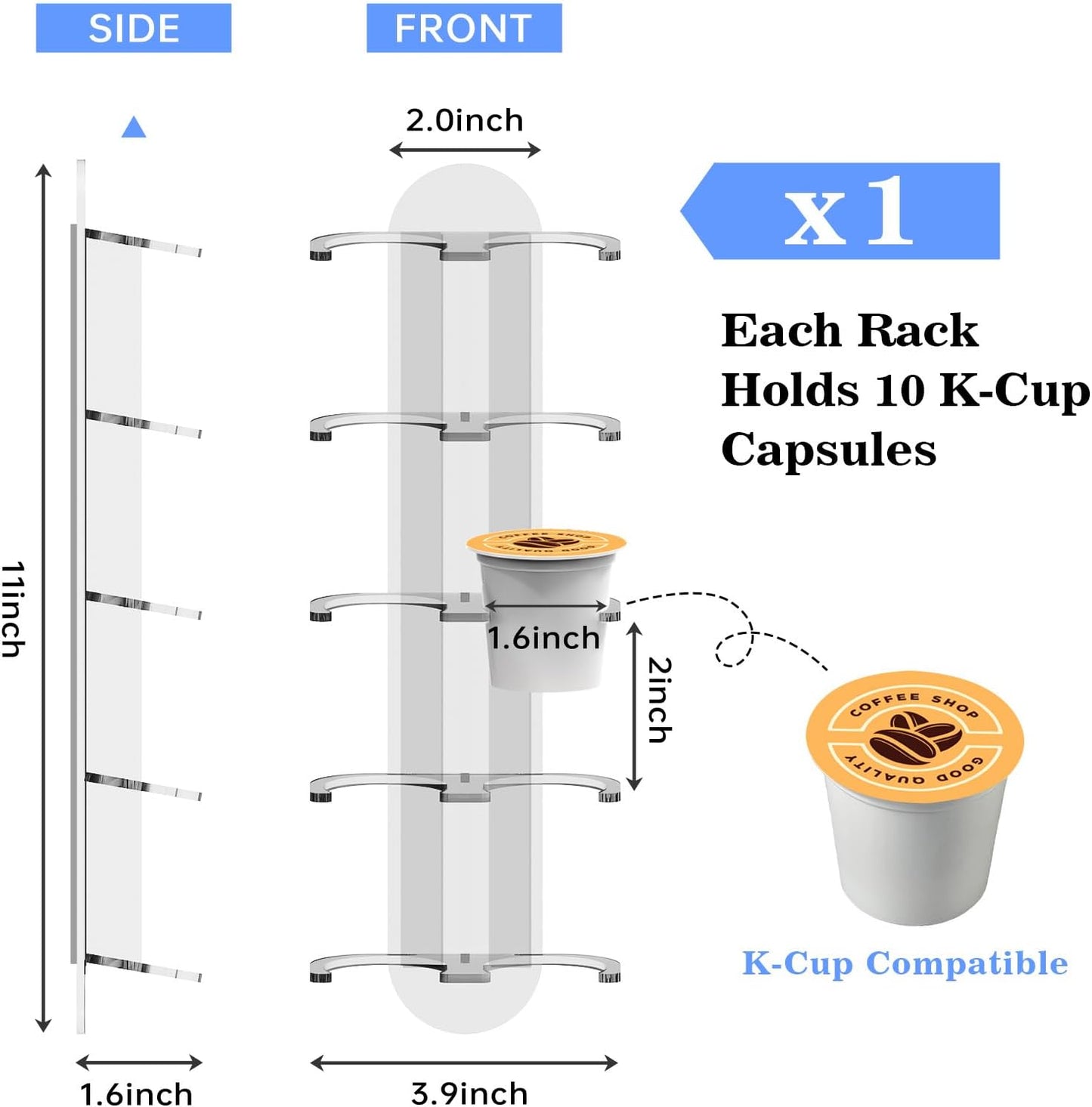 NiHome K Cup Pod Holder Acrylic Coffee Capsule Storage, Space-Saving 1 Pack | Adhesive Mount for Coffee Machine Side, Wall or Cabinet, Holds 10 Capsules Each, Clear, Easy Install, Fits Most Brewers