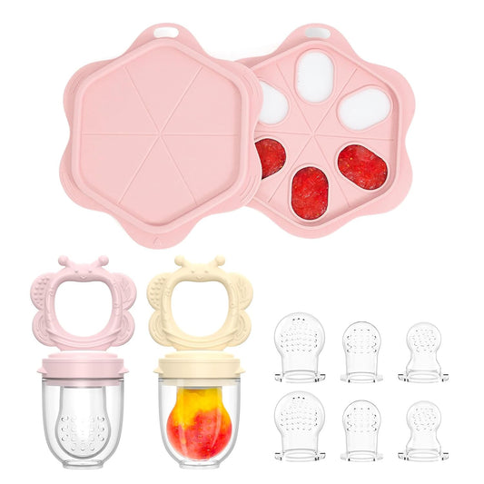 Silicone Baby Fruit Food Feeder (2 Pack) with Freezer Nibble Tray, Breastmilk Popsicle Molds for Baby Teething Relief,