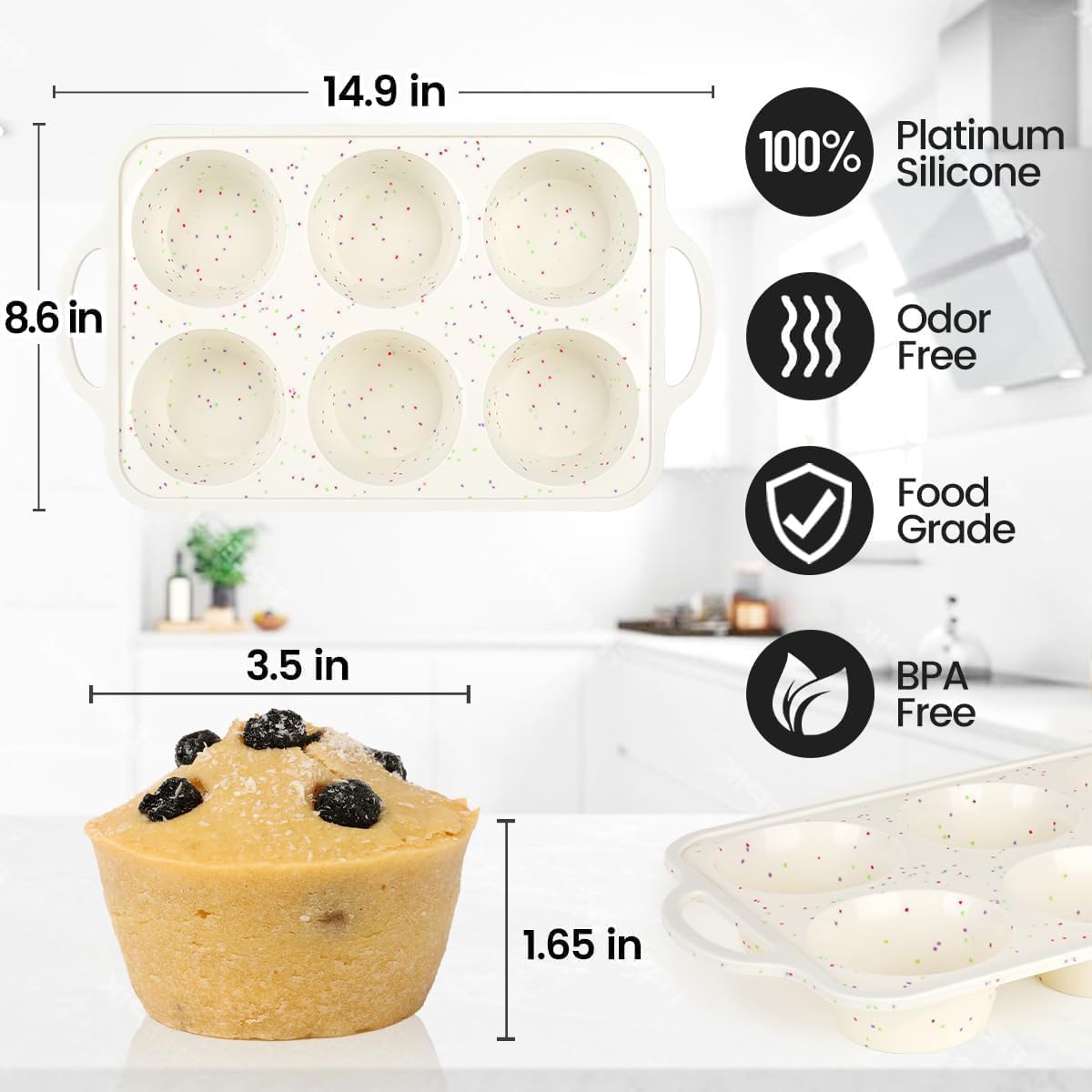 CAKETIME Large Muffin Pan, Metal Reinforced Frame 3.5 Inch Jumbo Silicone Muffin Pan Nonstick 6 Cups for Baking Jumbo Muffin, Frittatas, Jumbo Cupcakes 2 Pack Confetti