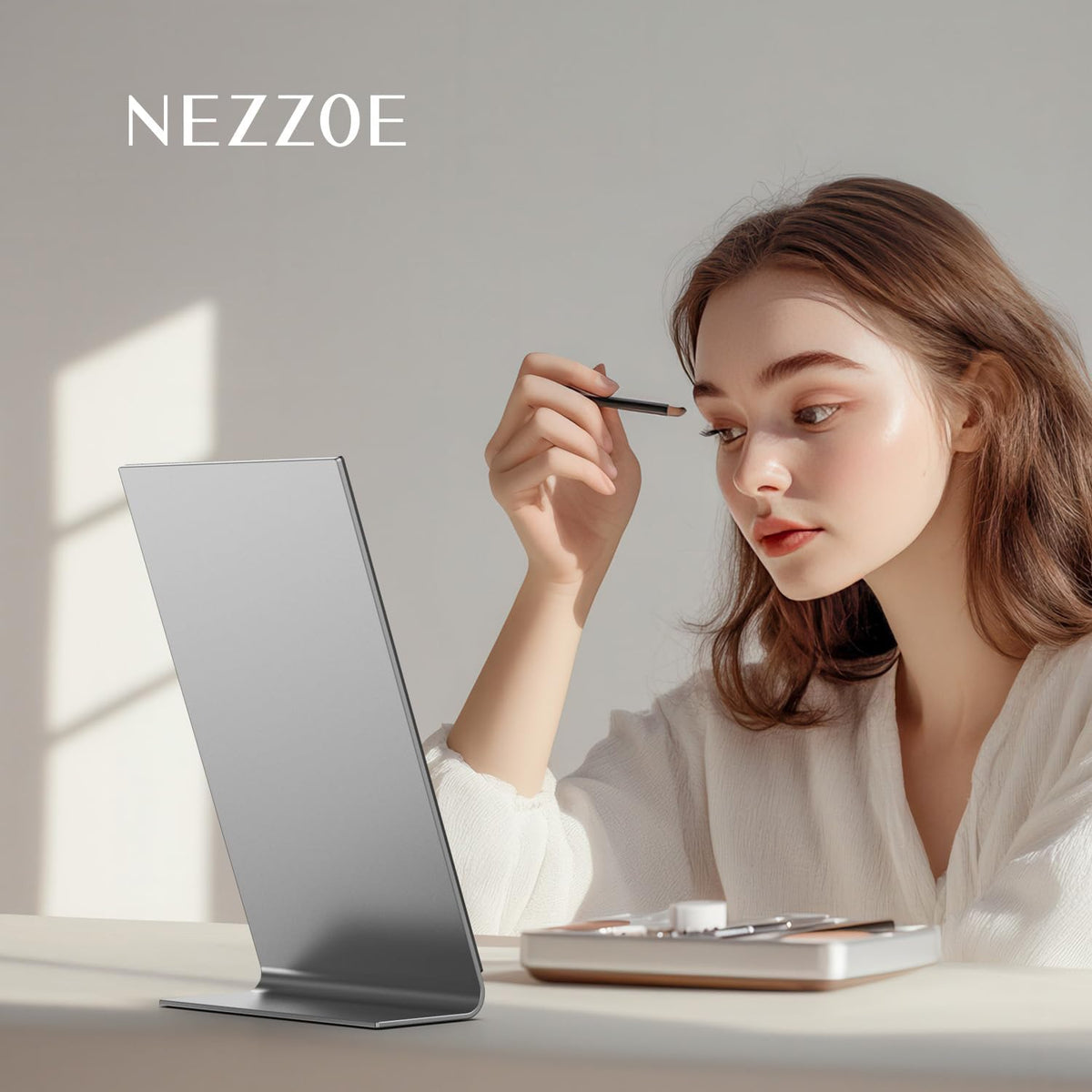 NEZZOE 12"x7" Frameless Makeup Mirror, Minimalist Free Standing Desk Mirror | Flat Vanity Mirror for Bathroom Countertop, Desk or Jewelry Display, Perfect for Makeup &amp; Shaving