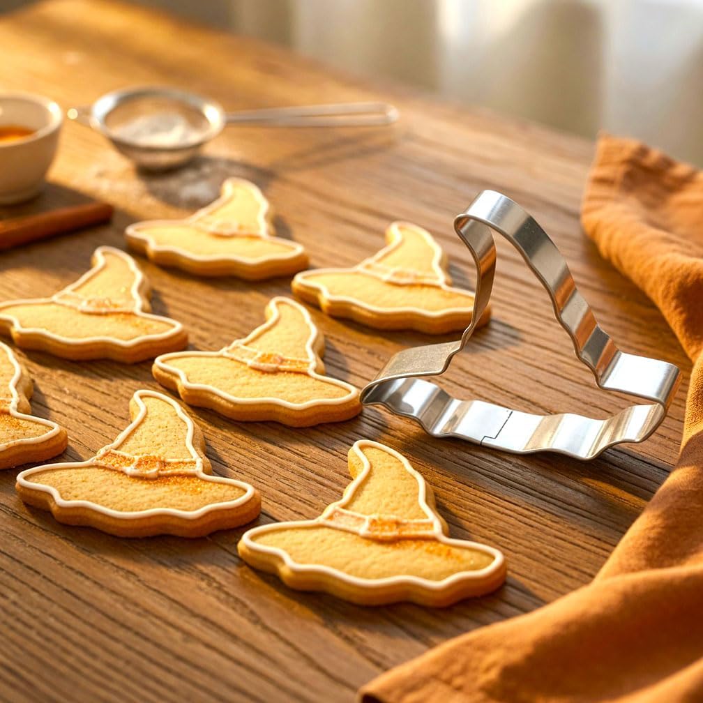 Halloween Cookie Cutters Set 7Pcs Large - Bat Pumpkin Magic Hat Cat Cookie Cutter, Sturdy Easy to Clean &amp; Demold Pancake Dough Molds for Halloween Baking