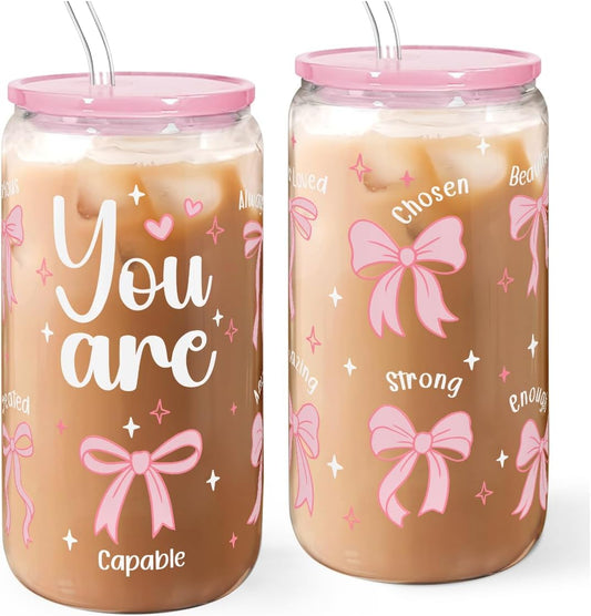 Christian 16oz Can Glass Tumbler with Acrylic Lid & Straw, Iced Coffee Cup for Women Girls, Aesthetic Cups Gifts for
