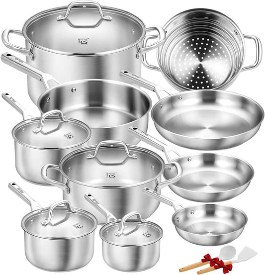 KOCH SYSTEME CS Stainless Steel Cookware Set 17 Piece with 5 Layer Base, Professional 18/10 Stainless Steel Pots and Pan