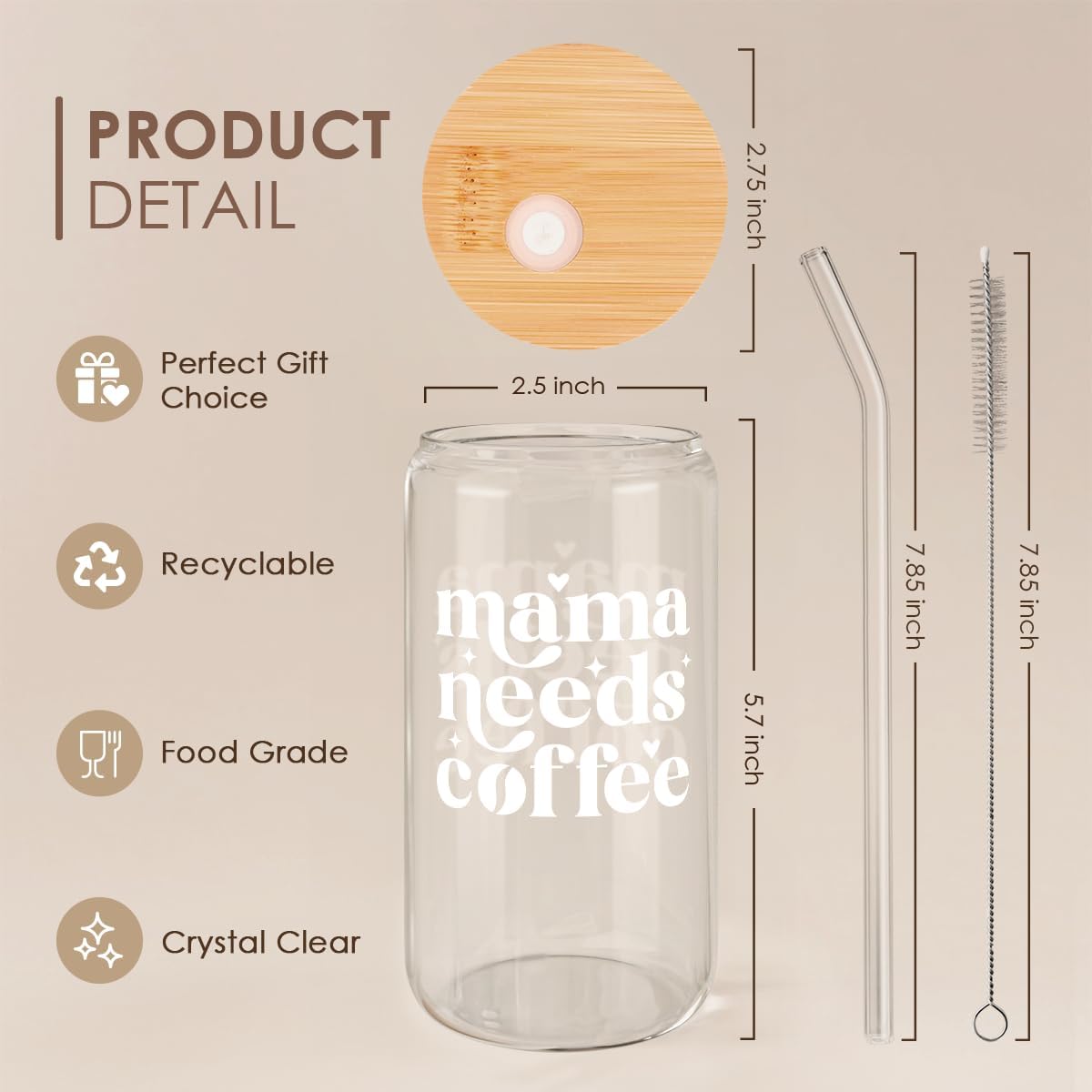 Mom Glass Can, Mama Needs Coffee Cup with Lid &amp; Straw, Iced Coffee Aesthetic Cups, Idea Gifts for Christmas Birthday Mother Day, Gifts for Women, 16oz