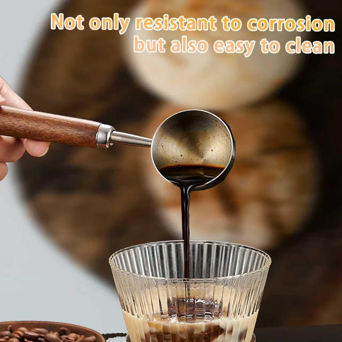 1pcs Coffee Scoop for Ground Coffee, Beans and Tea，Vintage Coffee Measuring Spoon with Long Wooden Handle 30ml/10g Capacity 304 Stainless Steel（Silver)