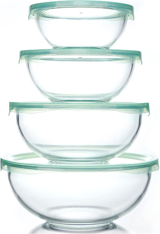 WhiteRhino Glass Mixing Bowl with Lids Set of 4,(1,1.5,2.5,3.7) Large Salad Bowl,Space-Saving Stacking Bowl for Kitchen Food