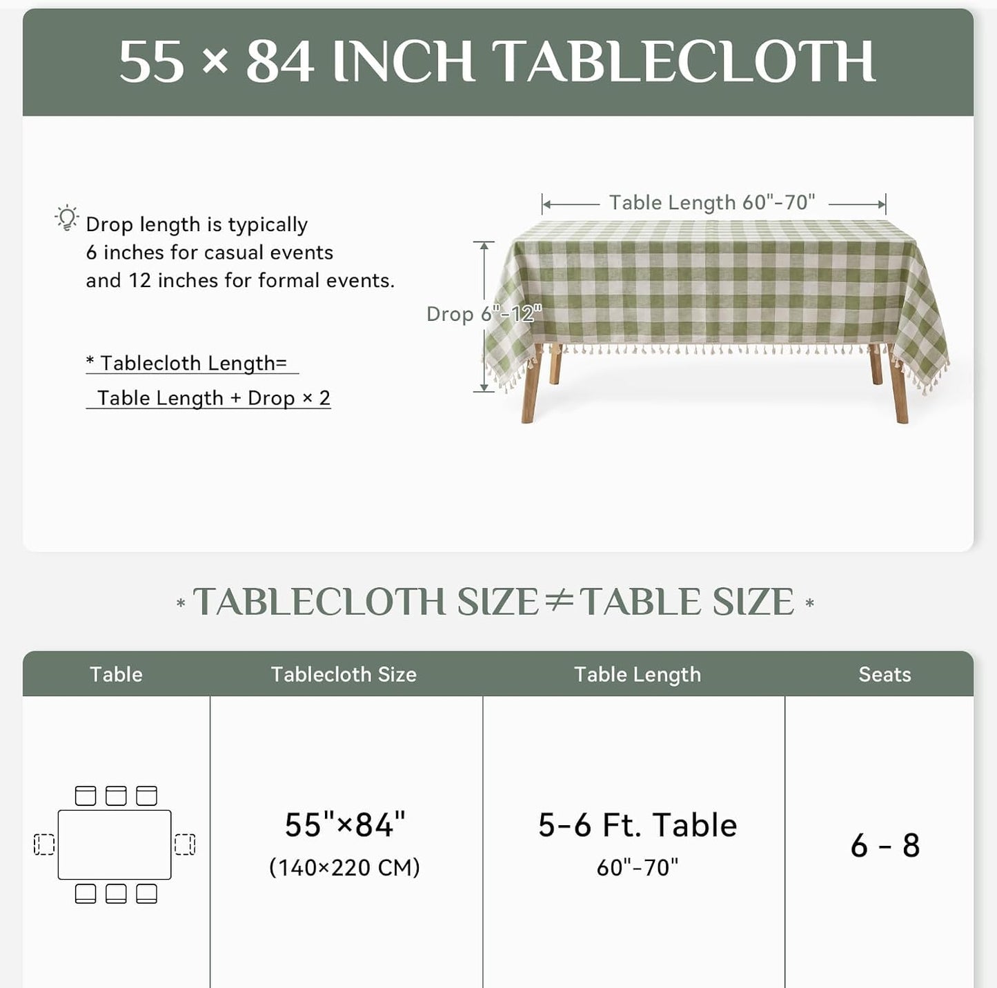 Softalker Outdoor Checkered Tablecloth, Linen Cotton Gingham Table Cloths for 6 Foot Rectangle Tables with Tassel, Heavy
