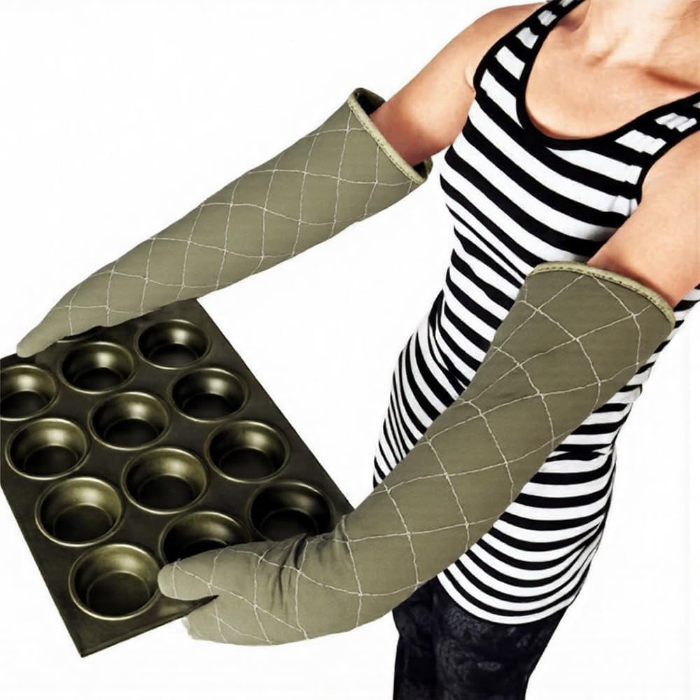 Linwnil Extra Long 24 Inch Heat Resistant Oven Gloves New Cotton Oven Mitts Kitchen Gloves High Temperature Cooking Tool BBQ Gloves (24" Green, 24 Inch)